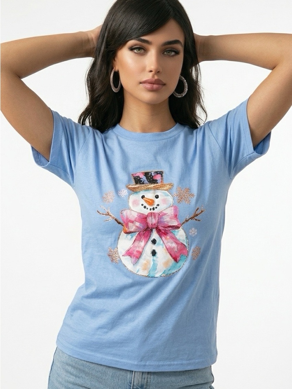 Light Blue Snowman Graphic Tee - Women